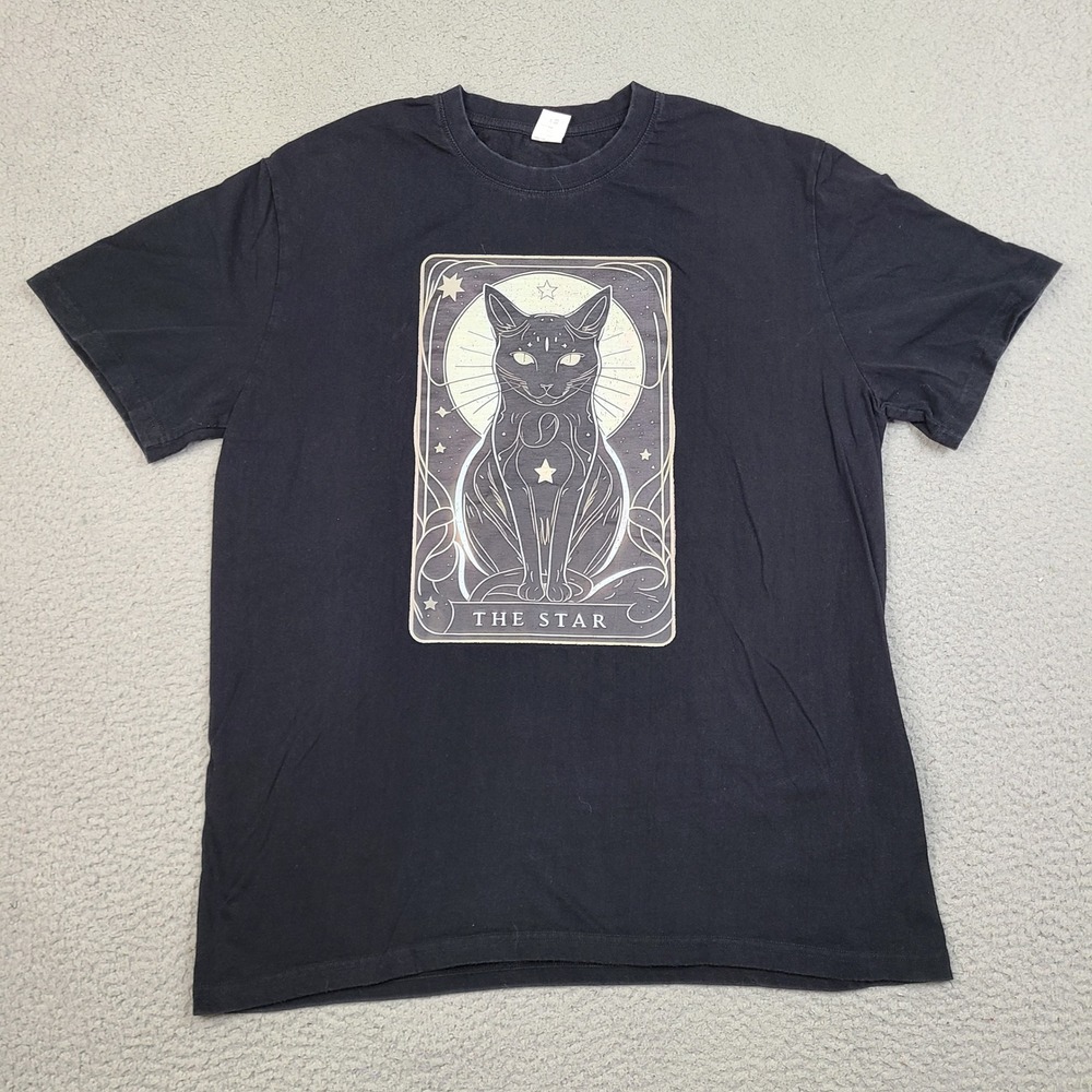 The Star Tarot Card Cat Graphic T-Shirt Womens XL Black Cotton Short Sleeve